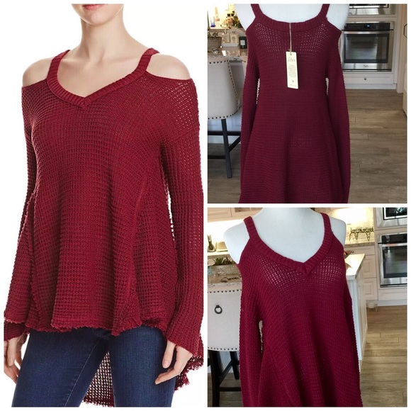 Elan Sweaters - Burgundy Cold Shoulder Sweater